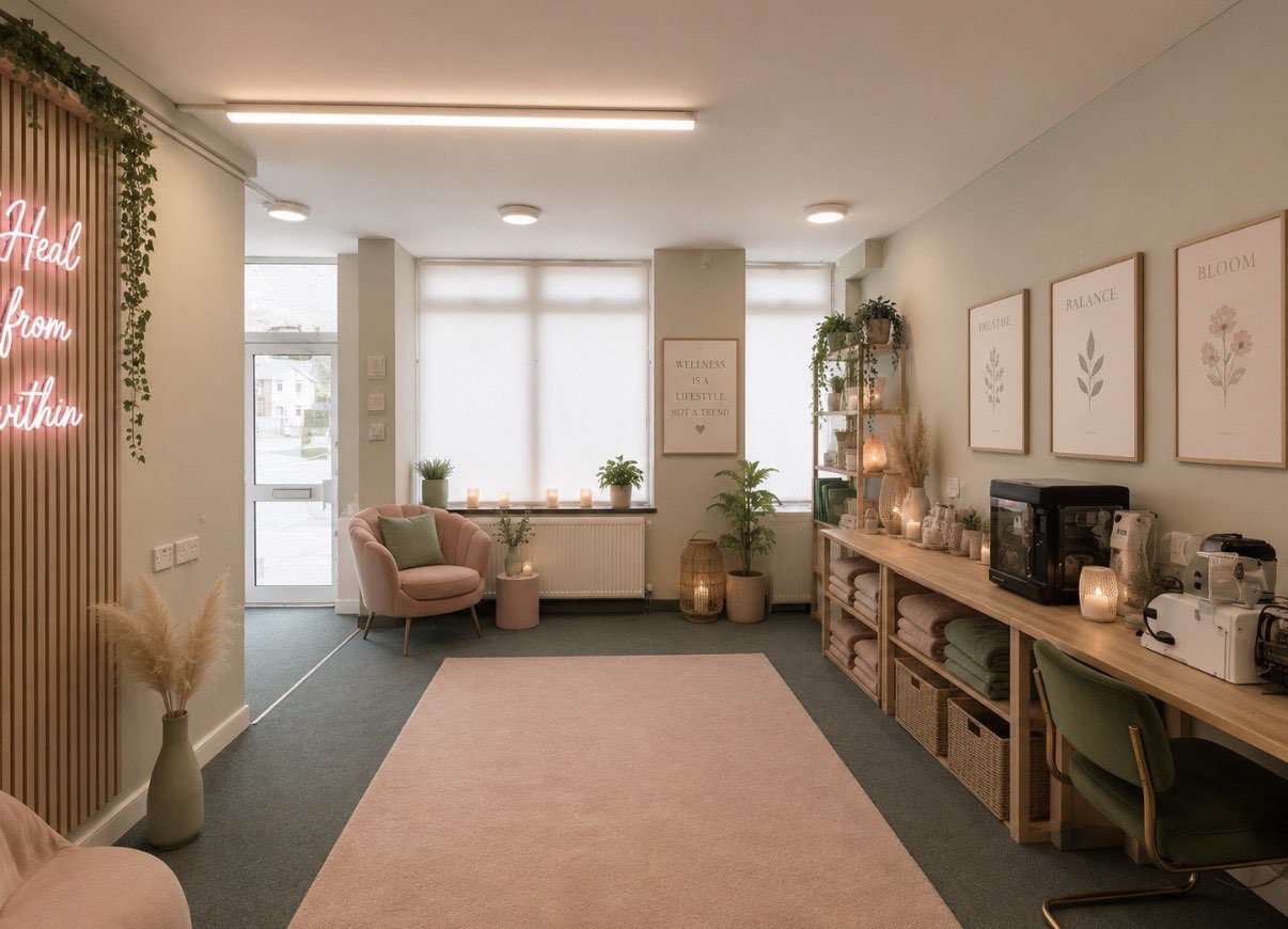 Inside the Heal From Within Wales studio in Blaenau Ffestiniog — a calm space with soft lighting, plants, candles, a pink armchair and the 'Heal from Within' neon on a wooden slat wall